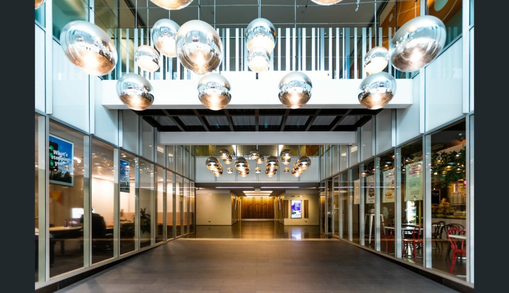 A lobby of an office building