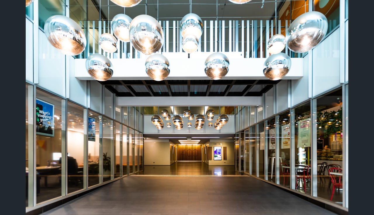 A lobby of an office building